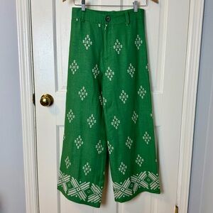 Zara Green Embroidered Linen Blend High Waisted Wide Leg Pants, Size XS